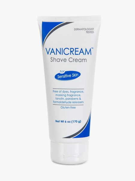 Vanicream Shave Cream in branded component tube component on a light gray background